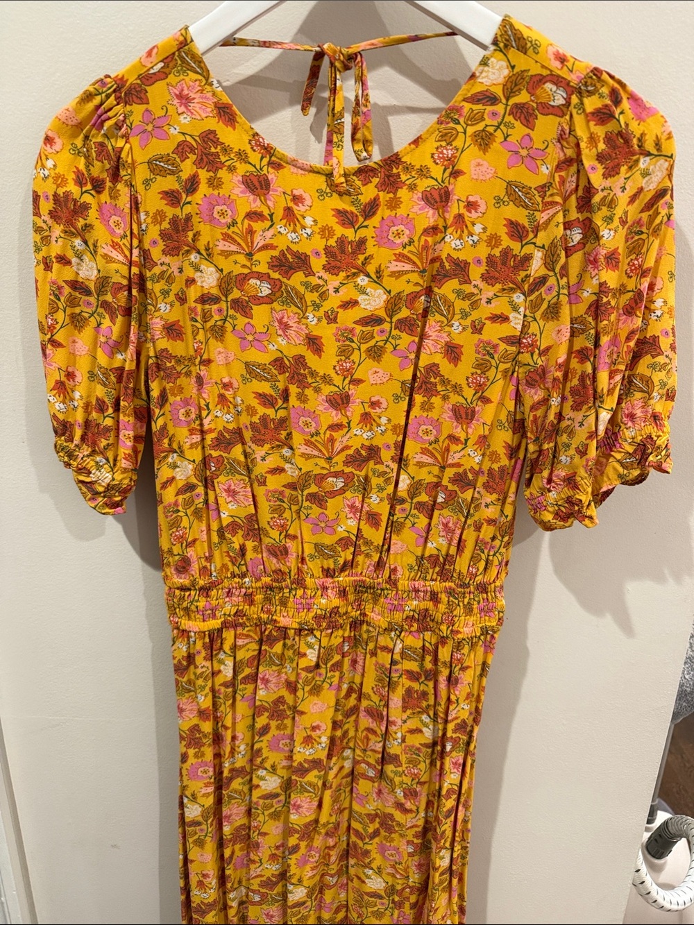 LOFT Mustard Floral Midi Dress with Pink and Brown Blooms